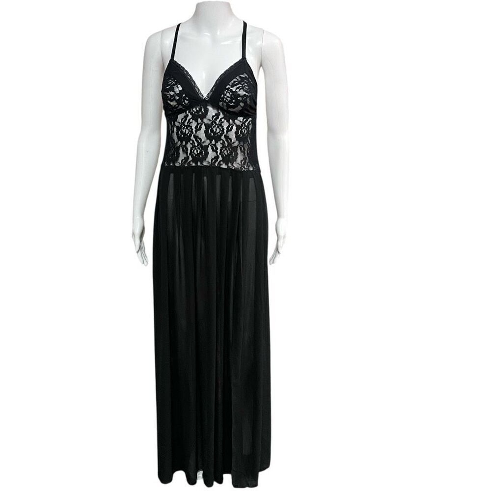 Fredrick’s of Hollywood‎ Vintage Dead Stock Black Long Lace Top Sheer Bottom Tie